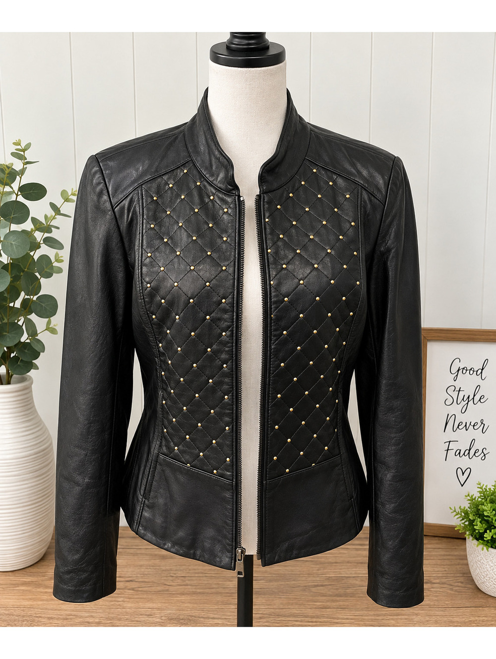 Size Large White House Black Market Black Leather Studded Jacket